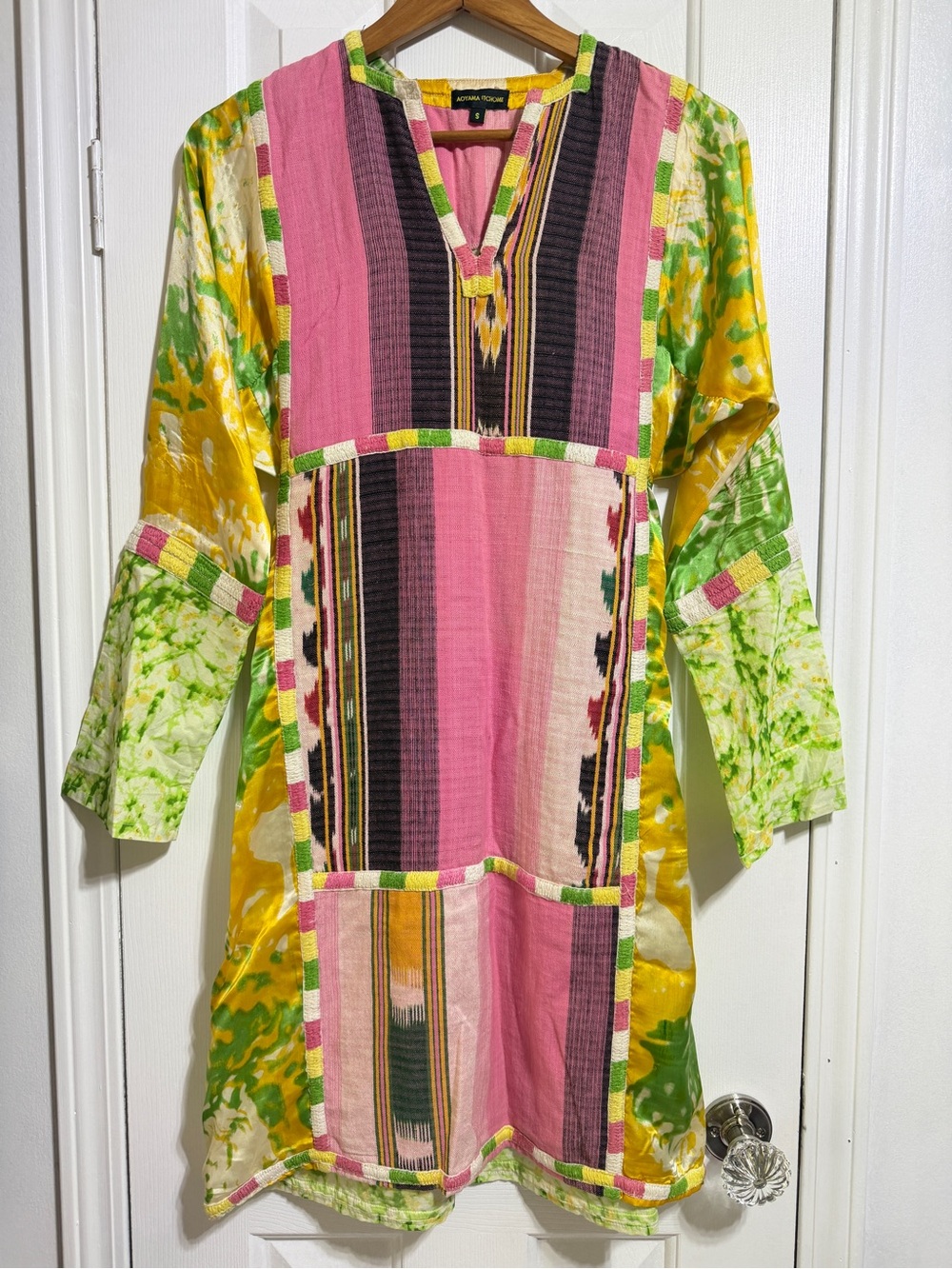 Aoyama Itchome silk cotton boho patchwork colorful geo Aztec pink yellow dress S - Picture 2 of 6